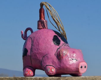 HORNY PIG & Hemp Spanker, Painful Sex Toys, Paper Mache Pig Bank, Large Pig Sculpture, Kinky Sex Toy, Bottom Gay BDSM toys, Kinky Home Decor