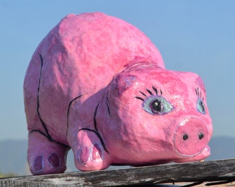 HANDMADE PIGGY BANK, Pink Paper Mache Piggy Bank, Coin Bank, Money Storage, Large Pig Statue, Pig Lover Gift, Extra Large Pig Bank, Pig Gift