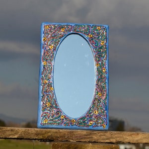 TINY FLOWERS PAINTED Decorative Wall Mirror, Paper Mache Mirror, Small Rectangular Mirror, Blue Mirror, Shabby Chick Mirrors, Boho Mirrors