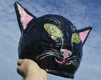 PAPIER-MACHE LAMPENKAP: Reuze Zwarte Kat Hoofd, Zwarte Lamp, Gotische Home Decor, Rare Vorm Lamp, Hanglampen, Man Cave Lights, Ongebruikelijk Licht