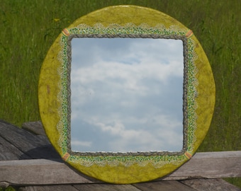 GREEN PAINTED MIRROR, Square Mirror, Round Frame, Paper Mache Artwork, Rope Decorated Mirror, Boho Mirror, Eclectic Wall Decor, Wall Mirrors
