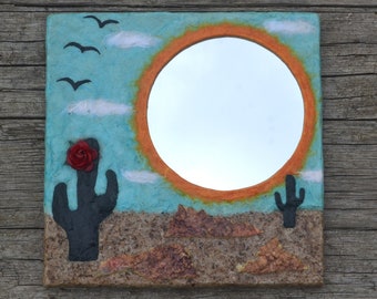 DESERT SUN MIRROR, Decorative Wall Mirror, Cactus Mirror, Square Wall Mirror, Sun Mirror, Blue Wall Mirror, One of a Kind Mirror, Desert Sun