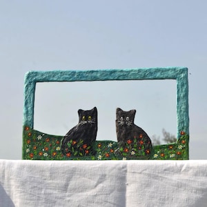 KITTENS & TINY FLOWERS Mirror, Decorative Wall Mirror, Blue Mirror, Black Cat Art, Cat Decor for Walls, Cat Lovers Gift, Cat Furniture, Cats