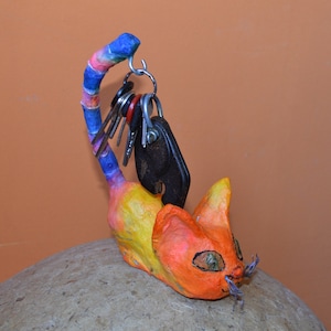 KEY HOLDER KITTY, Papier-Mache Cat, Colorful Cat, Cat Home Decor, Paper Mache Statue, Cat Figurine, Holder for Key, Orange Cat, Big Eyed Cat