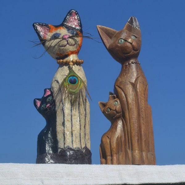 VINTAGE WOODEN CAT & Paper Mache Cat, 2 Long Cat Statues, Cat Home Decor, Retro Cat, Stash Box Cat Shape, Peacock Feather Cat Necklace, Cats
