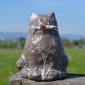 GRAY CAT FIGURINE, Paper Mache Cat, Grey Chunky Cat, Papier Mache Sculpture, Cat Lover Gift, Cat Home Decor, Cute Gray Cat, Cat Doll, Kitten