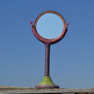 ROUND BARREL RING Standing Mirror, Desk Mirror, Table Mirror, Make Up Mirror Shaving Mirror, Rustic Mirror, Cottage Decor, Mirror with Stand