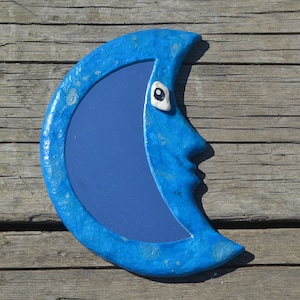 CRESCENT MOON MIRROR Blue Moon Mirror, Moon with Face, Nursery Decor, Children Room Mirror, Hanging Moon Mirror, Handmade Mirror, Moon Decor