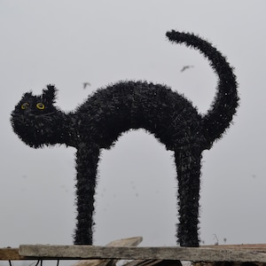 CROSS-EYED CAT, Vintage Black Cat, Sparkled Black Cat, Handmade Mixed Media Cat Statue, Large Cat Figurine, Scared Black Cat, Cat Home Decor
