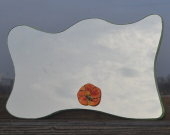 FRAMELESS WAVY MIRROR: Honey Bee & Orange Jewel Flower, Unusual Mirrors, Unique Gifts, Modern Mirrors, Wall Decor, Wavy Wall Mirror, Flowers