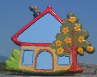 HOUSE SHAPE MIRROR Decorative Wall Mirror, House Warming Gift, New Home Mirror, House & Blooming Tree Mirror, Hippy Home Mirror, Boho Mirror