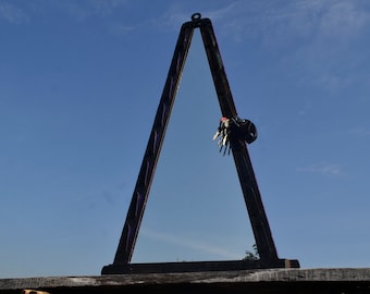 Triangle Wall Mirror with Hooks, Black Iron Key Holder
