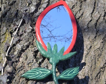 RED ROSEBUD MIRROR, Floral Wall Mirror, Paper-Mache Flower, Decorative Mirrors, Red Flower Decor, Boho Wall Mirror