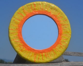 SMALL SUN MIRROR, Round Yellow Sun, Yellow Sunburst Mirror, PaperMache Sun Mirror, Small Wall Mirror, Hanging Mirror, Boho Hippy Mirror, Sun
