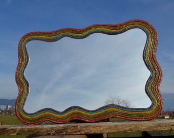 COLORFUL HEMP MIRROR, Wavy Wall Mirror, Rectangle Wall Mirror, Eclectic Wall Decor, Bohemian Mirror, House Warming Gift, Wavy Wall Furniture