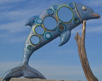 DOLPHIN with 12 ROUND MIRRORS Wall Hanging, Blue Dolphin Hanging, Dolphin Mirrors, Tropical Wall Decor, Coastal Decor, Nautical Wall Decor