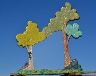 LARGE WALL MIRROR, Decorative Mirror: 2 Trees, 2 Climbing Cats & Peeking Rabbit, Cat Home Decor, Boho Wall Mirror, Tree Wall Art, Tree Lover