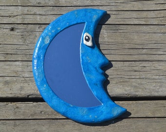 CRESCENT MOON MIRROR Blue Moon Mirror, Moon with Face, Nursery Decor, Children Room Mirror, Hanging Moon Mirror, Handmade Mirror, Moon Decor