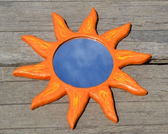 ORANGE SUNBURST MIRROR, Papier Mache Sun Mirror, Wall Mirror, Decorative Mirror, House Warming Gift, Sun Wall Art, Sun Shaped Mirror, Orange