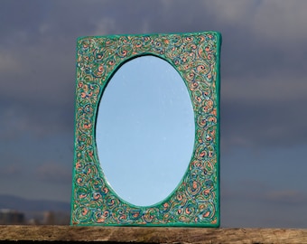 ESPEJO PINTADO ABSTRACTO, Espejo de pared decorativo, Espejo de papelMache, Espejo rectangular, Espejo verde esmeralda, Espejo de pollito en mal estado, Espejo Boho