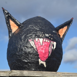 Yelling Black Cat grinning mouth, full of teeth & 6 real cat whiskers: UNIQUE PAPERMACHE LAMPSHADE, Black Lamp, Unusual Hanging Lamp, Oddity image 1