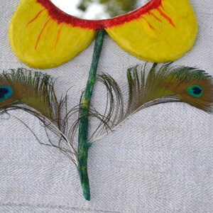 2 PEACOCK FEATHERS FLOWER, Yellow Flower Wall Mirror, Unique Mirrors, Red & Yellow Mirrors, Boho Wall Decor, Small Bedroom Decorative Mirror image 2