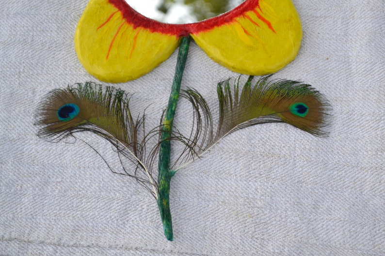 2 PEACOCK FEATHERS FLOWER, Yellow Flower Wall Mirror, Unique Mirrors, Red & Yellow Mirrors, Boho Wall Decor, Small Bedroom Decorative Mirror image 2