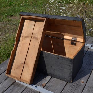 ANTIQUE Black Wooden TRUNK 1900&#39;s Croatian Antiques, Large Storage Trunk, Big Wooden Chest, Handmade Wooden Box w. Wooden Tray, Rolling Tray