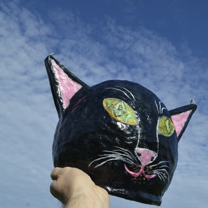 Yelling Black Cat grinning mouth, full of teeth & 6 real cat whiskers: UNIQUE PAPERMACHE LAMPSHADE, Black Lamp, Unusual Hanging Lamp, Oddity image 10