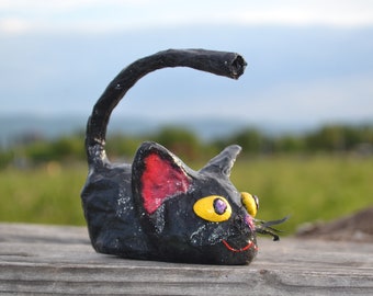 BIG YELLOW Eyed BLACK Kitty, Brush Holder, Portamatite, Paper-Mache Cat, Cat Shelf Decor, Cat Lover Gifts, Cat Home Decor, Black Cat Decor