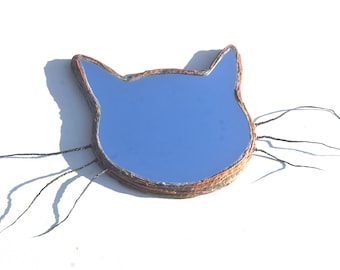 COLORFUL CAT HEAD Wall Mirror w. Peacock Feathers Whiskers, Papel Mache Mirror, Cat Head Wall Art, Hemp Rope Mirrors, Cat Head Shaped Mirror