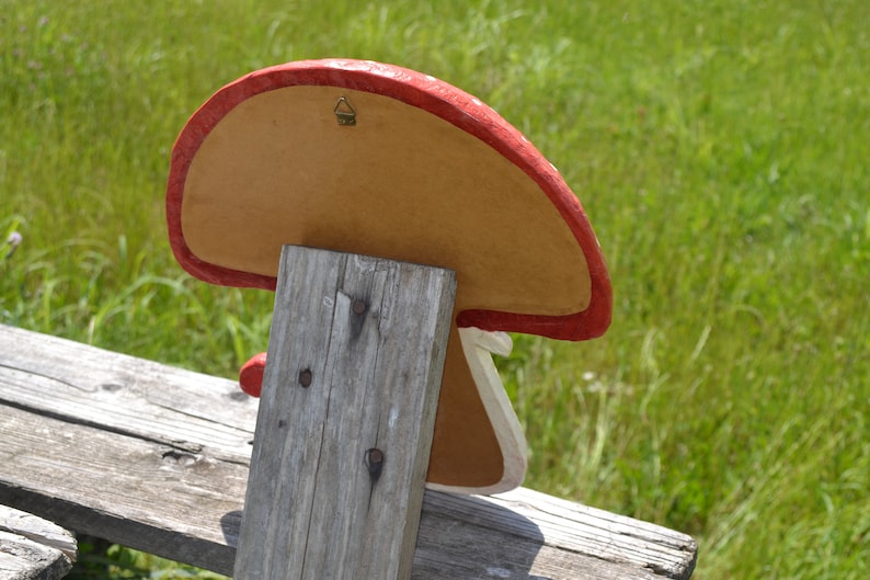 Pu&ograve; includere: Un decoro da parete a forma di fungo rosso e bianco con un retro in cartone marrone. Il decoro ha un gancio di metallo sul retro per appenderlo.