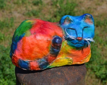 PSYCHEDELIC CAT KEEPER of the Keys, Paper-Mache Cat, Sleeping Cat Figurine, Wall Hanging Cat, Key Holder Cat, Wall Cat Decor, Cat Lover Gift