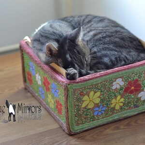 PAINTED CORK & Hemp Rope Box can be a Cat Bed, Cat Furniture, Cat Lovers Gifts, Painted Flowers Box, Hippie Box, CD Storage Box, Home Decor