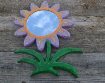 Purple Daisy Mirror, Boho Floral Wall Art, Paper-Mache Flower Mirror