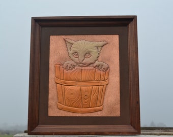 ETCHED COPPER CAT, Vintage Copper Etching cat, 38 x 42 cm Wooden Frame, Copper Cat Wall Hanging, Cat Home Decor, Cute Cat in a Barrel, Cats