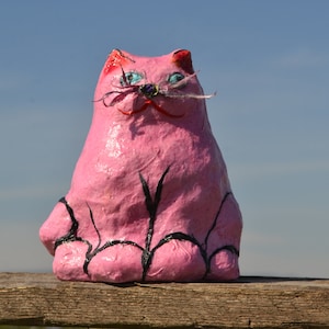 PINK PAPER PUSSYCAT, White Elephant Gift, Cat Gag Gift, Paper Mache Hand Doll, Cat Finger Puppet, Cat Shelf Decor, Cat Corner Gift, Pink Cat