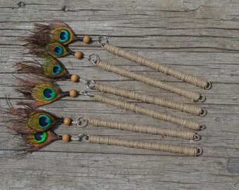 6 PEACOCK EYES HANGING, Real Peacock Feathers, Hemp Rope Wall Hanging, Cat Teasing Toys, Peacock Decor for Walls, Boho Wall Decor, Peacocks