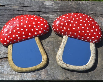 Set of 2 Wall Mirrors Mushroom shaped, Mushroom Wall Decor, Red Mushroom Mirror, Small Red Mirror, Paper-Mache Mushrooms, Small Wall Mirrors