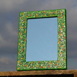 TINY FLOWERS PAINTED Decorative Wall Mirror, Paper Mache Mirror, 2 Orientation Mirror, Green Wall Mirrors, Shabby Chick Mirror, Boho Mirrors