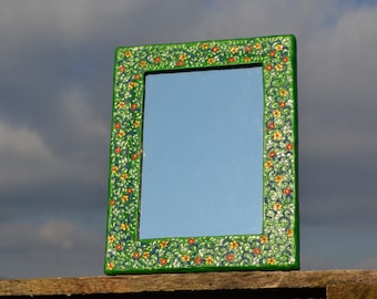 TINY FLOWERS PAINTED Decorative Wall Mirror, Paper Mache Mirror, 2 Orientation Mirror, Green Wall Mirrors, Shabby Chick Mirror, Boho Mirrors