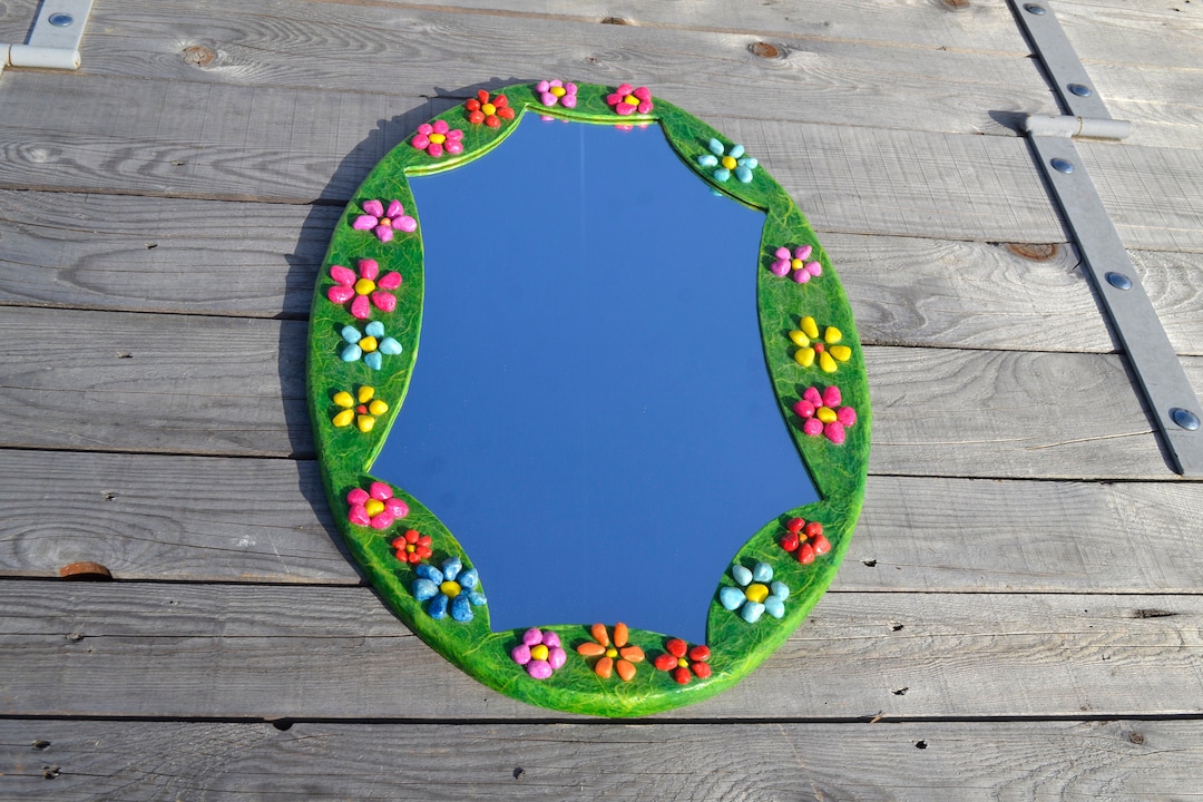 GREEN OVAL MIRROR, 20 Flowers Mirror, Large Decorative Wall Mirror, Papermache Mirror, Bright