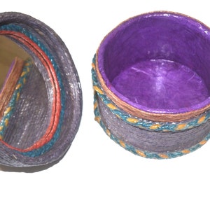 HEMP JEWELRY BOX, Round Box w. Mirrored Cap, Handmade Box, Paper Mache Box, Round Storage Box, Jewelry Storage Box, Purple Round Box, Mirror