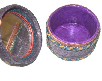 HEMP JEWELRY BOX, Round Box w. Mirrored Cap, Handmade Box, Paper Mache Box, Round Storage Box, Jewelry Storage Box, Purple Round Box, Mirror
