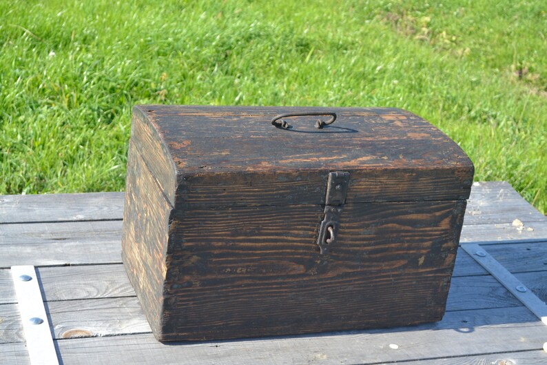 Iron Handler Large Wooden Box with Mirror Wooden Trunk w 1900s Antiques ANTIQUE WOODEN CHEST with Iron Reinforced Bottom Mirrored Box