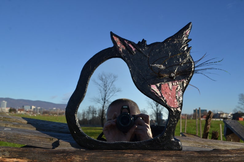 Yelling Black Cat grinning mouth, full of teeth & 6 real cat whiskers: UNIQUE PAPERMACHE LAMPSHADE, Black Lamp, Unusual Hanging Lamp, Oddity image 7