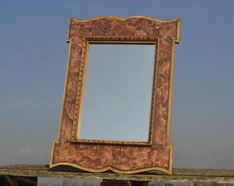VINTAGE DECOUPAGE MIRROR, Large Wooden Mirror, Primitive Folk Art, Rustic Home Decor, Farmhouse Wall Decor, Old Wooden Mirror, House Warming