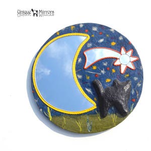BLACK CAT SILLHOUETTE Mirror, Decorative Wall Mirror, Moon Mirror, Falling Star Mirror, Mirror for Walls, Cat Furniture, Crescent Moon