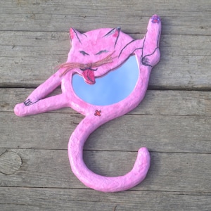 2 LICKING CAT MIRRORS, Decorative Wall Mirror, Blue & Pink Licking Cats, funny gift for cat lovers, gift with cute cat, home decor with cat