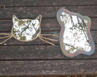 WAVY WALL MIRROR with 8 Different Hanging Positions & Hemp Cat Head Mirror, Set of 2 Hemp Mirrors, Hemp Wall Mirror, Boho Decor, Mirror, Cat